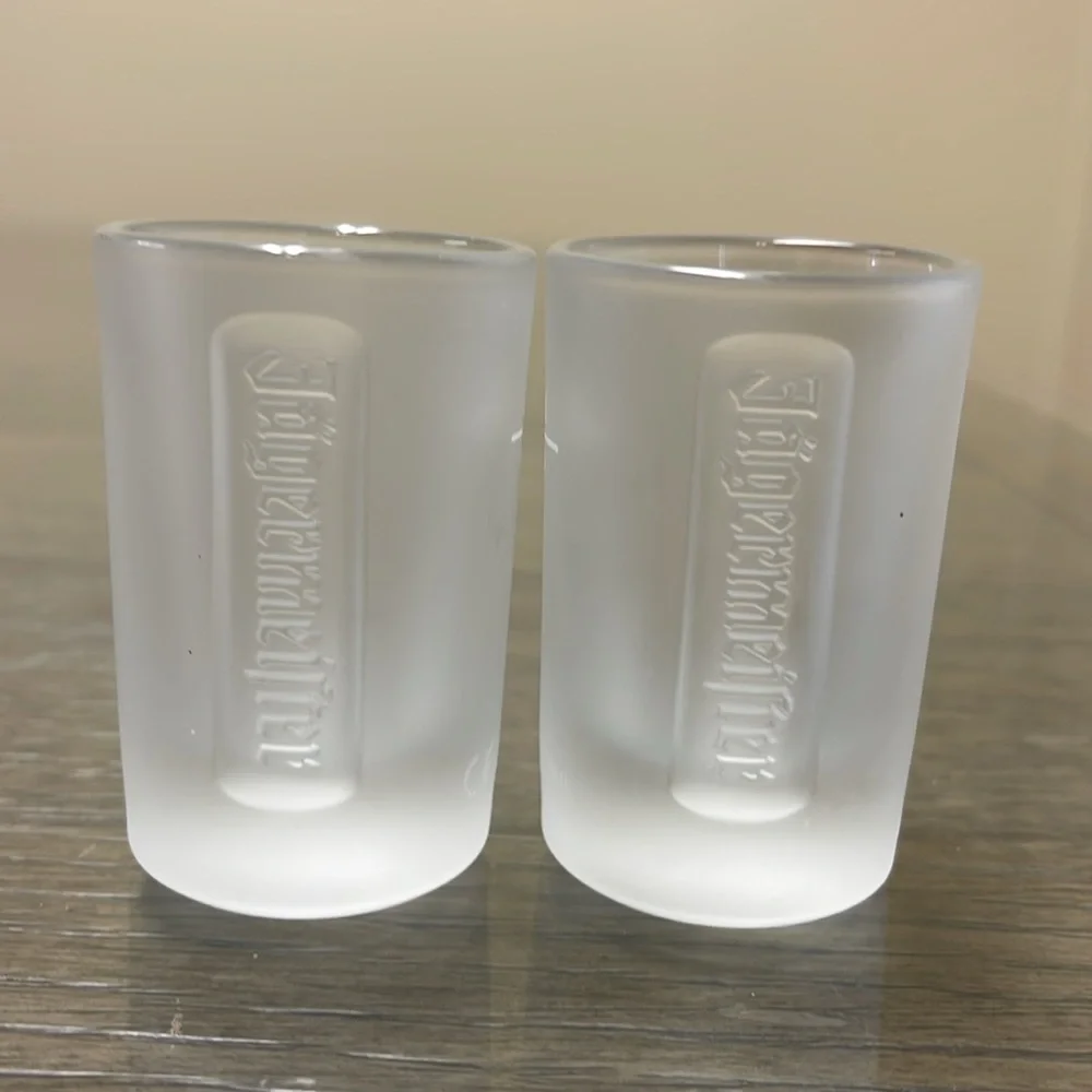 Pair of Embossed Jagermeister Frosted Glass 1 fl. oz Shot Glasses Barware Bar